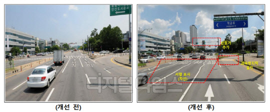 교통사고 다발지역이었던 경기 안산시 고잔동 안산우체국교차로의 안전시설 개선 결과 교통사고가 51% 감소한 것으로 나타났다. <행정안전부 제공>
